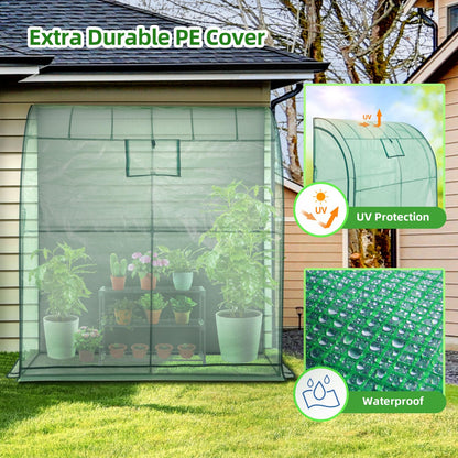 Ohuhu Lean to Greenhouse with Greenhouse Shelving, Portable Walk-in Green House with Mesh Windows 200x100x210 cm Reinforced Lean-to Wall Greenhouses