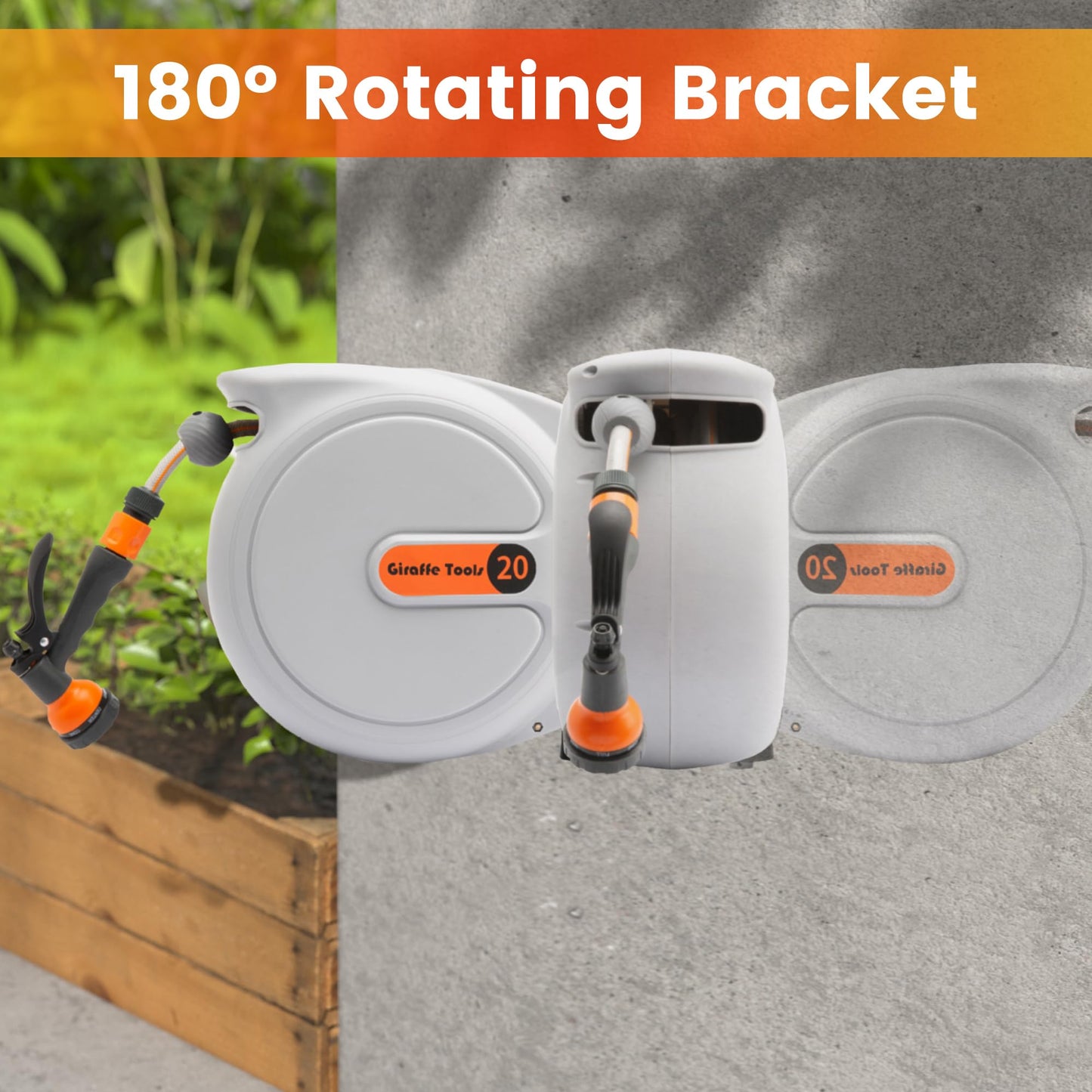 Giraffe Tools Wall Mounted Hose Reel 20+2m, Hose Pipe Reel Automatic Rewind with 7 in 1 Spray Gun and Swivel Bracket for Garden