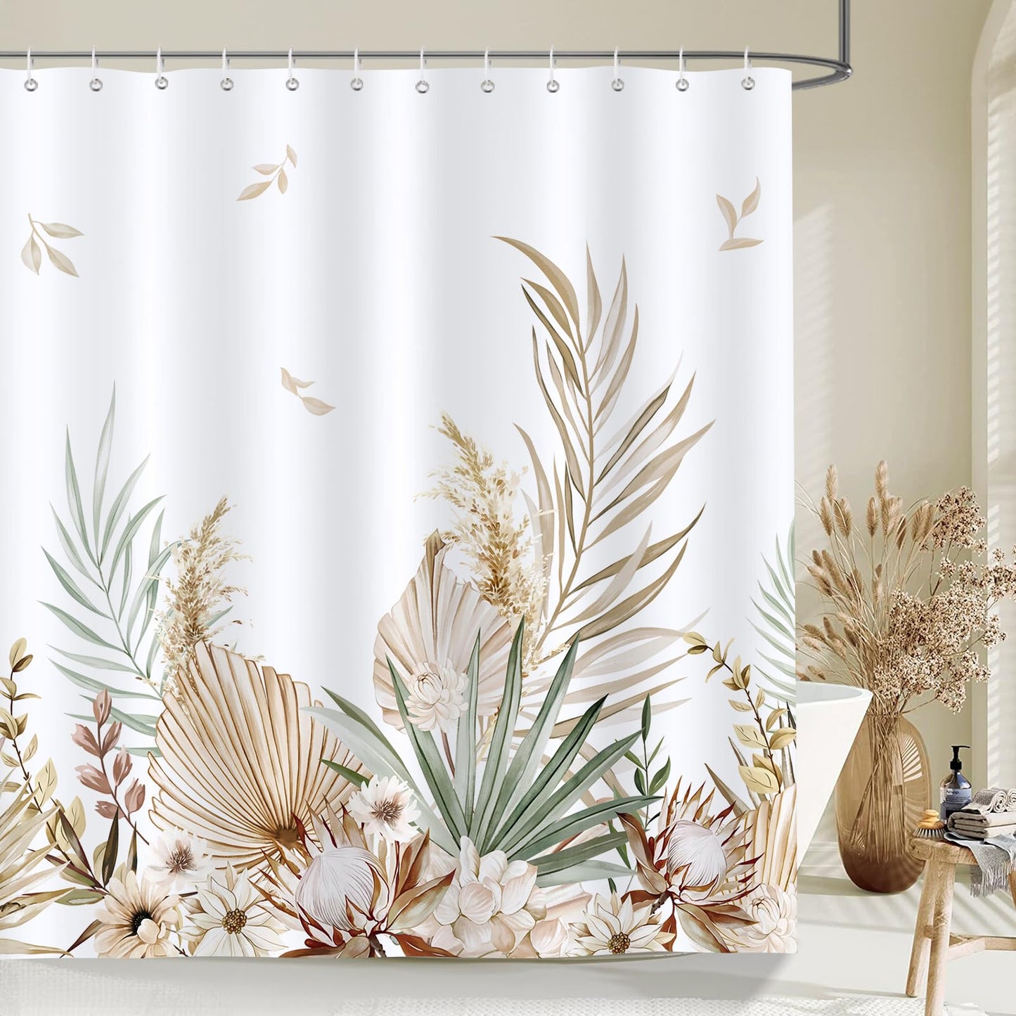 Bonhause Boho Leaves Shower Curtain Palm Leaf Floral Bathroom Curtain 180 x 180 cm Waterproof Mildew & Mould Resistant Polyester Fabric Bath Curtain