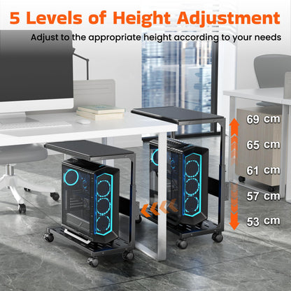 Aquzee PC Stand, Adjustable Computer Tower Stand, Black Heavy Duty Metal Under Desk CPU Floor Stand on Wheels, PC Case Trolley for Carpet