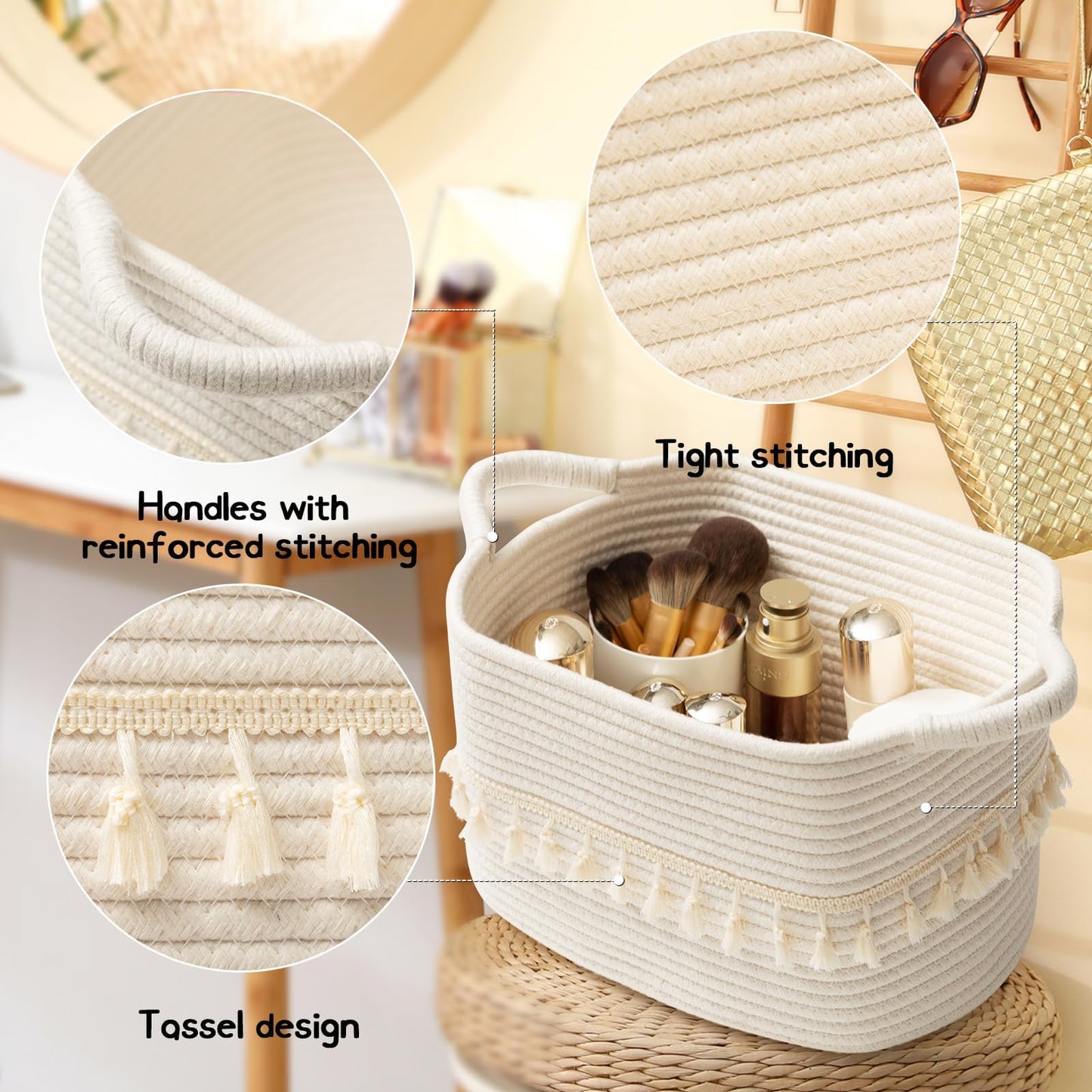 TeoKJ Storage Basket 38x25x22cm – Handwoven with Tassels, Rope Bin for Living Room, Bathroom, Decorative Woven Storage Solution White