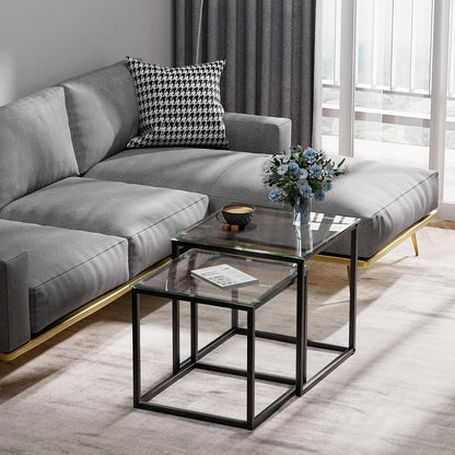 Huhote Nesting Tables, Set of 2 End Table, Coffee Tables, Glass Side Table