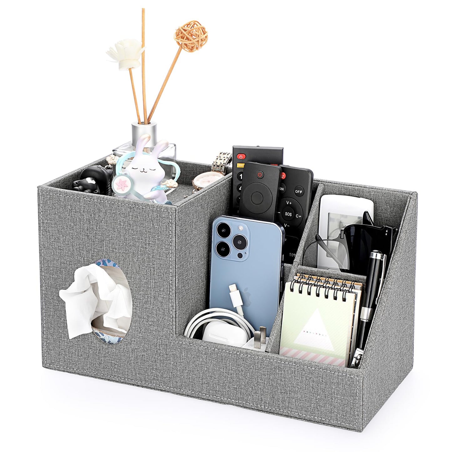 BTSKY Multifunctional Desktop OrganIzer - Household Office Tabletop Tissue Box Cover with Storage Holder, Linen Grey Desk Organizer for Tissue Remotes