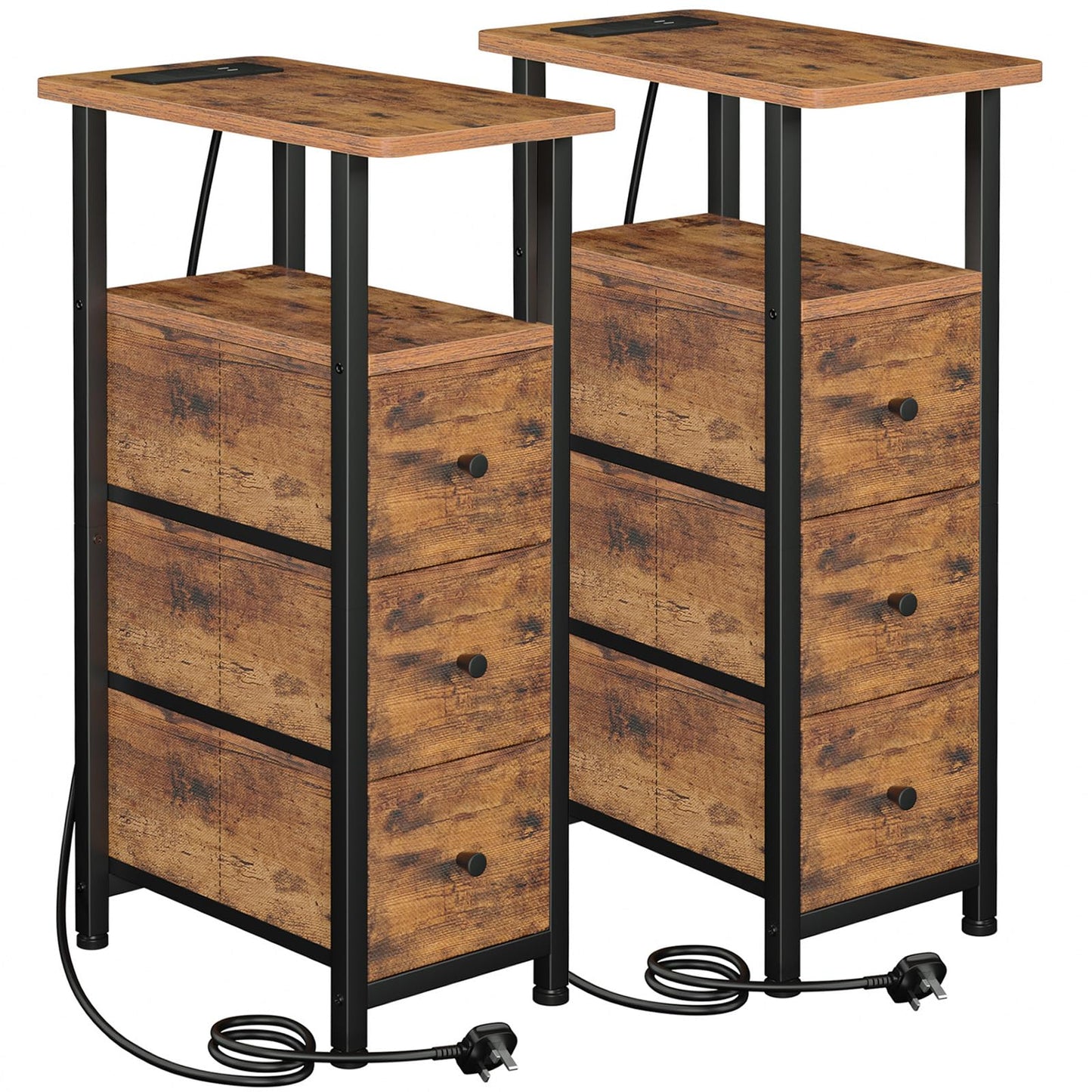 LOAKEKEL Slim Bedside Table Set of 2, Narrow Side Table with Charging Station, Sofa Table with 3 Fabric Drawers and Open Storage Shelf, Nightstand for