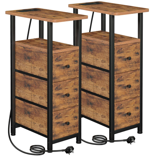 LOAKEKEL Slim Bedside Table Set of 2, Narrow Side Table with Charging Station, Sofa Table with 3 Fabric Drawers and Open Storage Shelf, Nightstand for