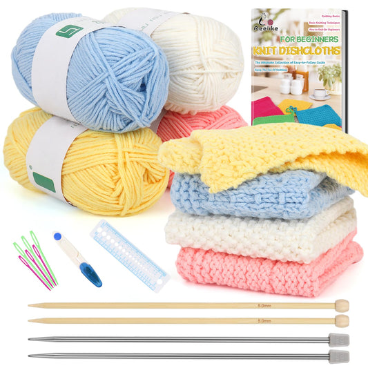 Aeelike Knitting Starter Kit for Adults - Knitting for Beginners Kit - Make Your Own Dishcloth - Knitting Kit with Yarn, Instructions, Knitting