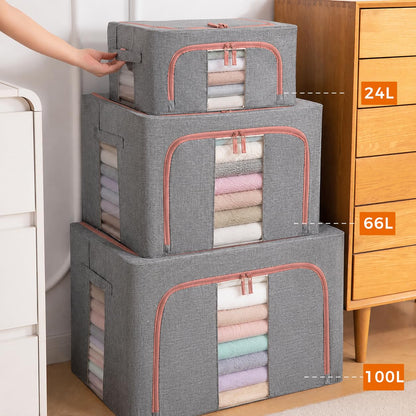 3Pack Clothing Storage Bags with Metal Frame，66L betterboxes Stackable Storage for Moving House，Foldable Clothes Organiser with Clear Windows and