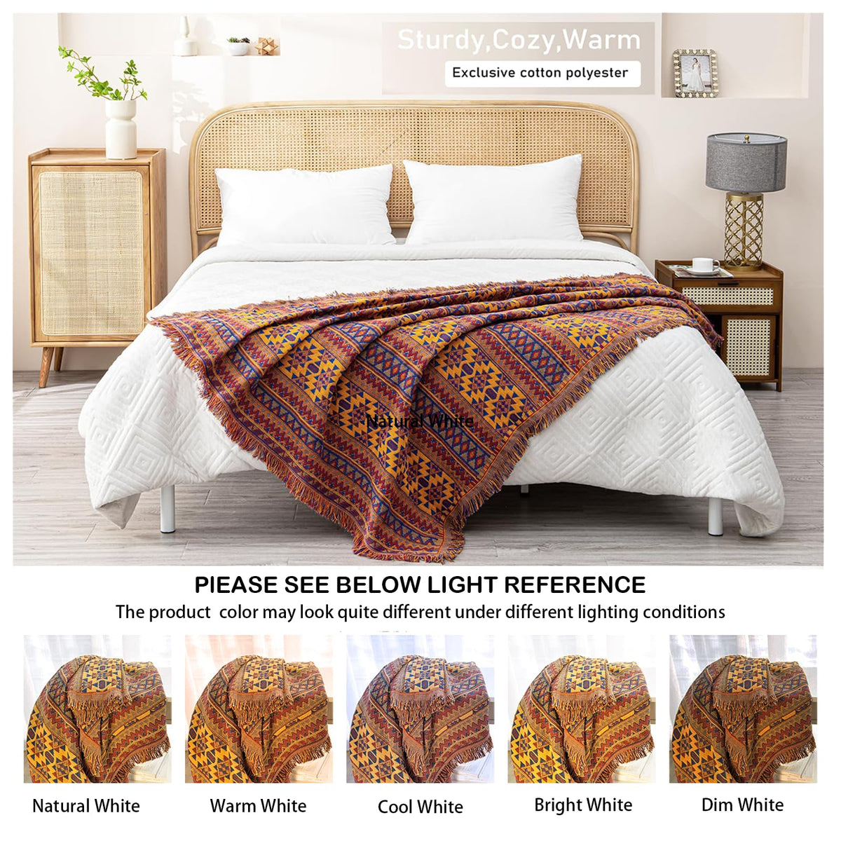 VANJOROY Bohemian Sofa Large Throw Blanket with Tassels, 100% Handwoven Cotton Knitted Armchair Throw for Seater,Settees,Couch and Bed (230x340cm/91 *