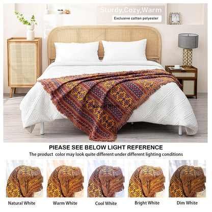 VANJOROY Bohemian Sofa Large Throw Blanket with Tassels, 100% Handwoven Cotton Knitted Armchair Throw for Seater,Settees,Couch and Bed (130 * 180CM)