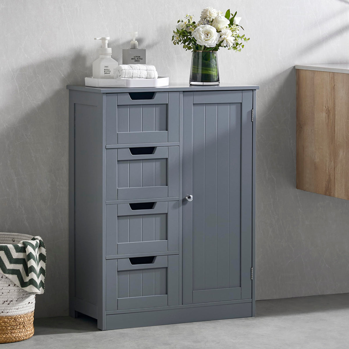 Bath Vida Priano Freestanding 4 Drawer 1 Door Bathroom Floor Cabinet, Grey