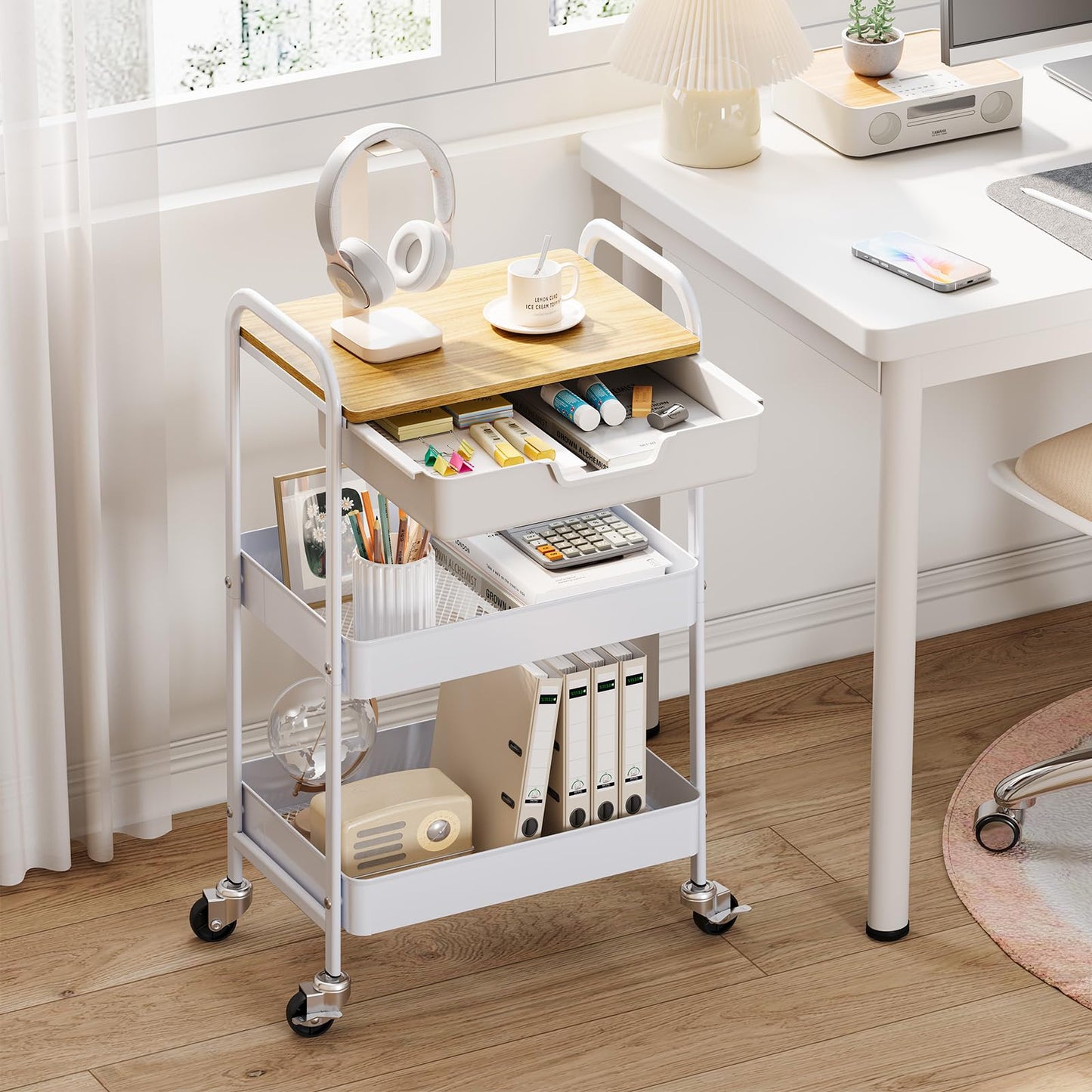 KINGRACK Rolling cart, 3-Tier Utility Storage Trolley with Wooden Board and Drawer (Natural)