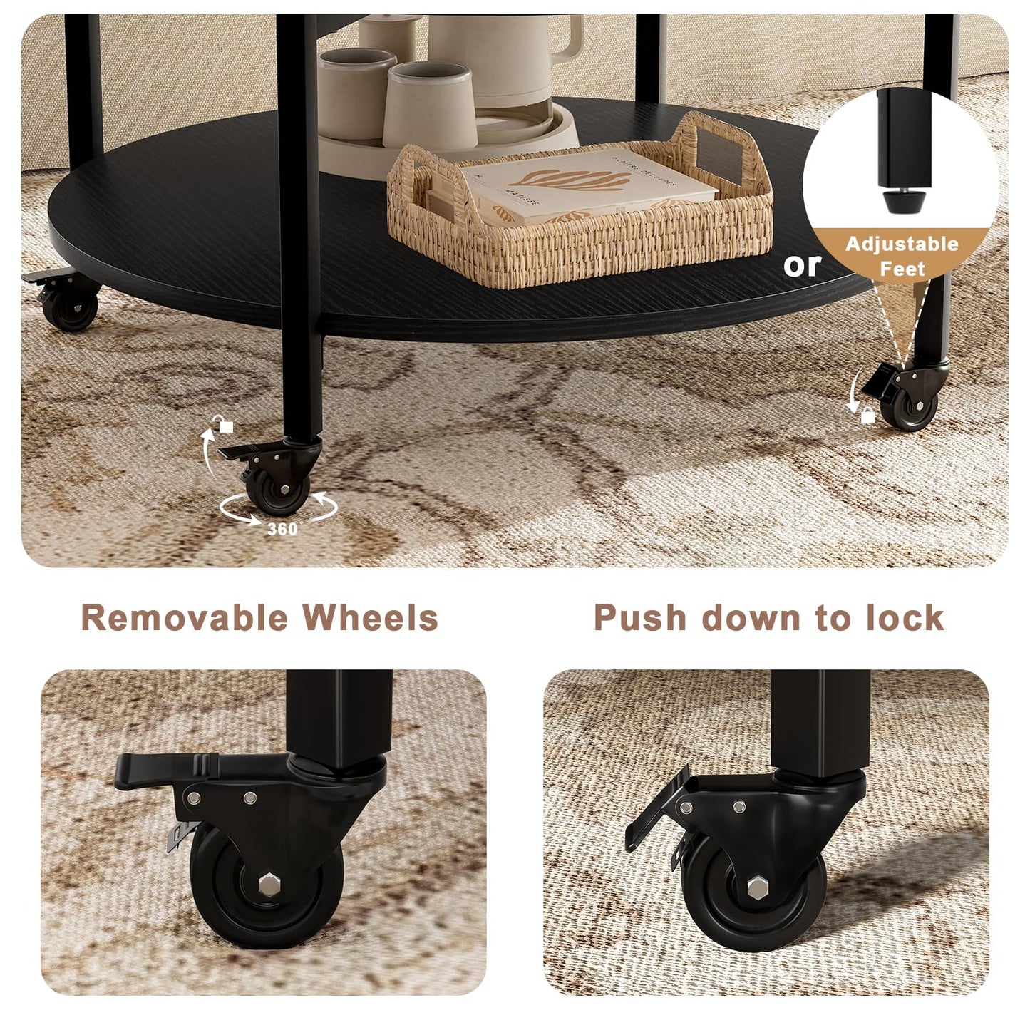 Mossora Round Lift Top Coffee Table with Wheels, Circle Center Table with Storage and Compartment, 68 cm Rolling Coffee Tables for Living Room