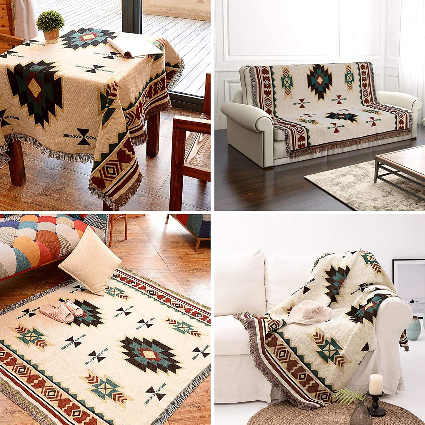 VANJOROY Aztec Sofa Large Throw Blanket with Tassels, 100% Handwoven Cotton Tribal Bohemian Navajo Armchair Throw for 2 3 Seater Settees Couch and