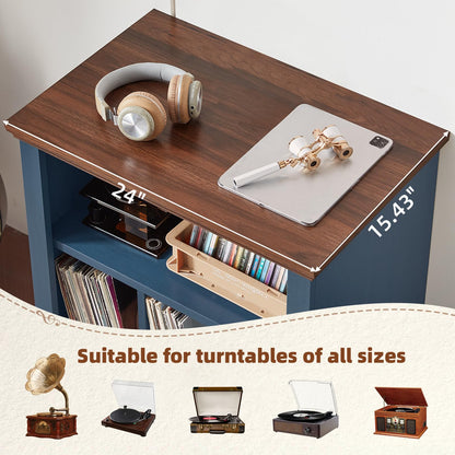 LELELINKY Large Record Player Stand with Vinyl Record Storage, 24" Wide Wood Turntable Stand, Mid-Century Record Player Table Up to 200 Albums