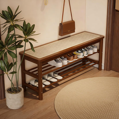 SOBIBO Bamboo Shoe Rack Bench with Rattan Seat, 3-Tier Shoe Storage Bench, Entryway Bench for Hallway,Walnut 39.4 inches