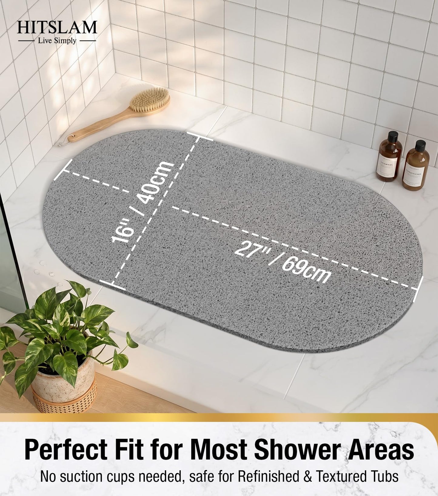 HITSLAM Oval Loofah Shower Mat, Non Slip Bath Mat, 69x40cm, Grey