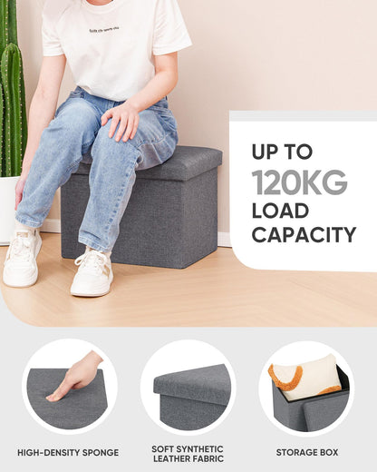 Bonlife Grey Ottoman Storage Box - Foldable Rectangular Footstool for Living Room, Kids Toy Chest with Lid, Multi-Use Seat & Storage, 42x32x32 cm