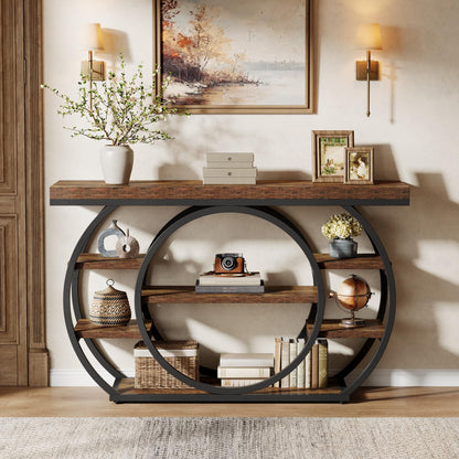 Tribesigns Circle Base Console Table | Narrow Entryway Table 120x30x80cm | 4-Tier Storage Shelf | Industrial Farmhouse Hallway Sofa Table,Rustic