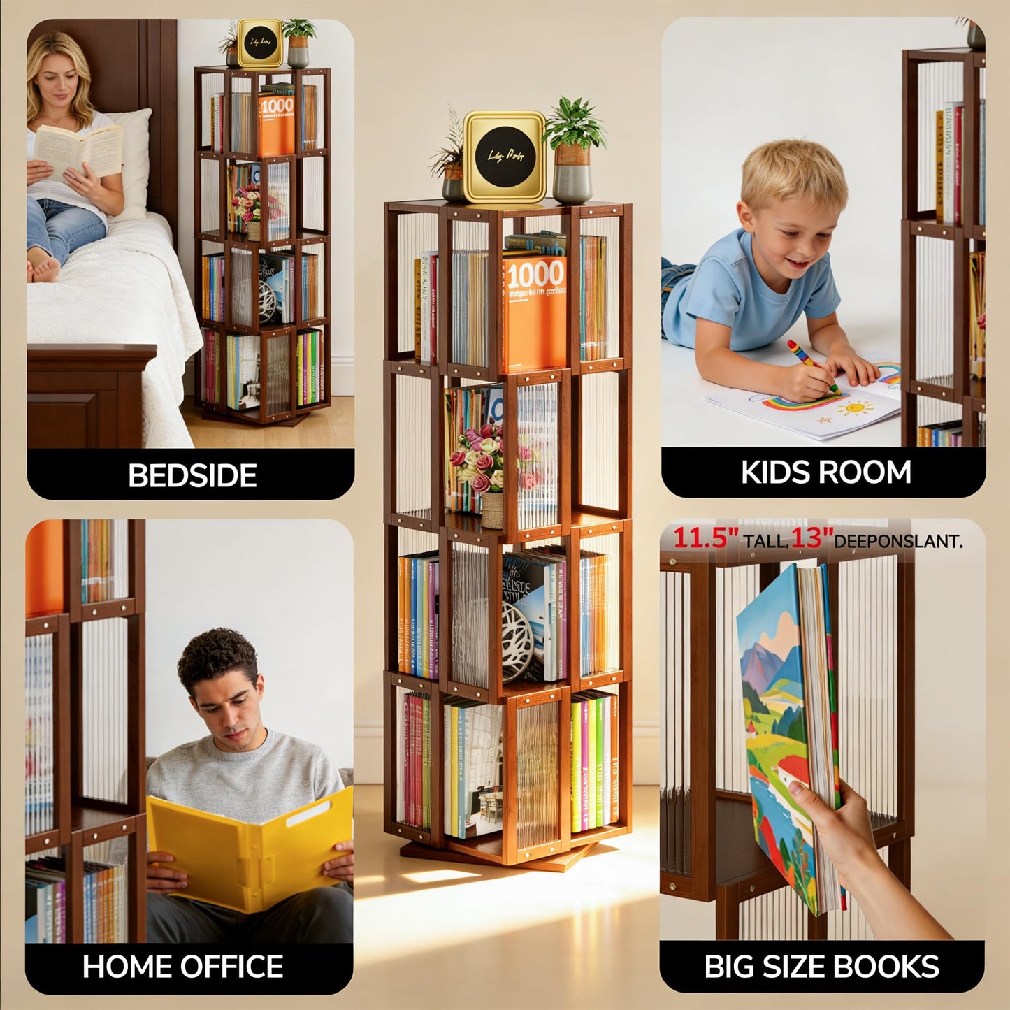 BAMEOS Rotating Bookshelf Tower 4 Tier，360°Storage Spinning Bookcase, Solid Wood Brown Cube Corner Bookshelf for Office, Bedroom and Living Room