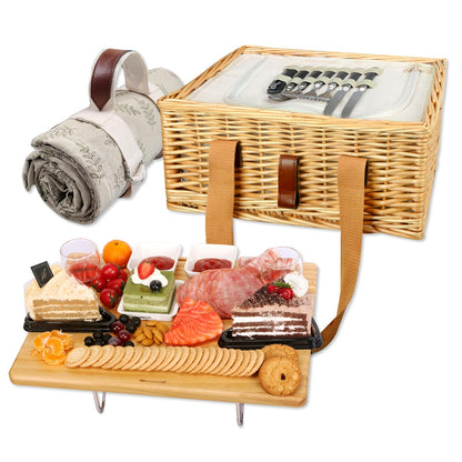 Hap Tim Wicker Picnic Basket for 2 with Mini Folding Wine Picnic Table & Large Insulated Cooler Bag & Cutlery Service Kits for 2 Person, Couples