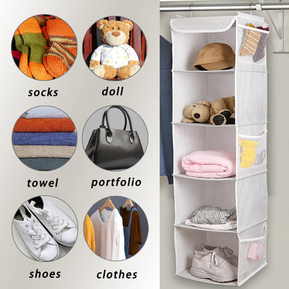 BrilliantJo Hanging Wardrobe Organiser 5 Shelves Closet Storage Hanging Shelves with 6 Side Pockets Clothes - Grey Strip(30 x 30 x 108cm)