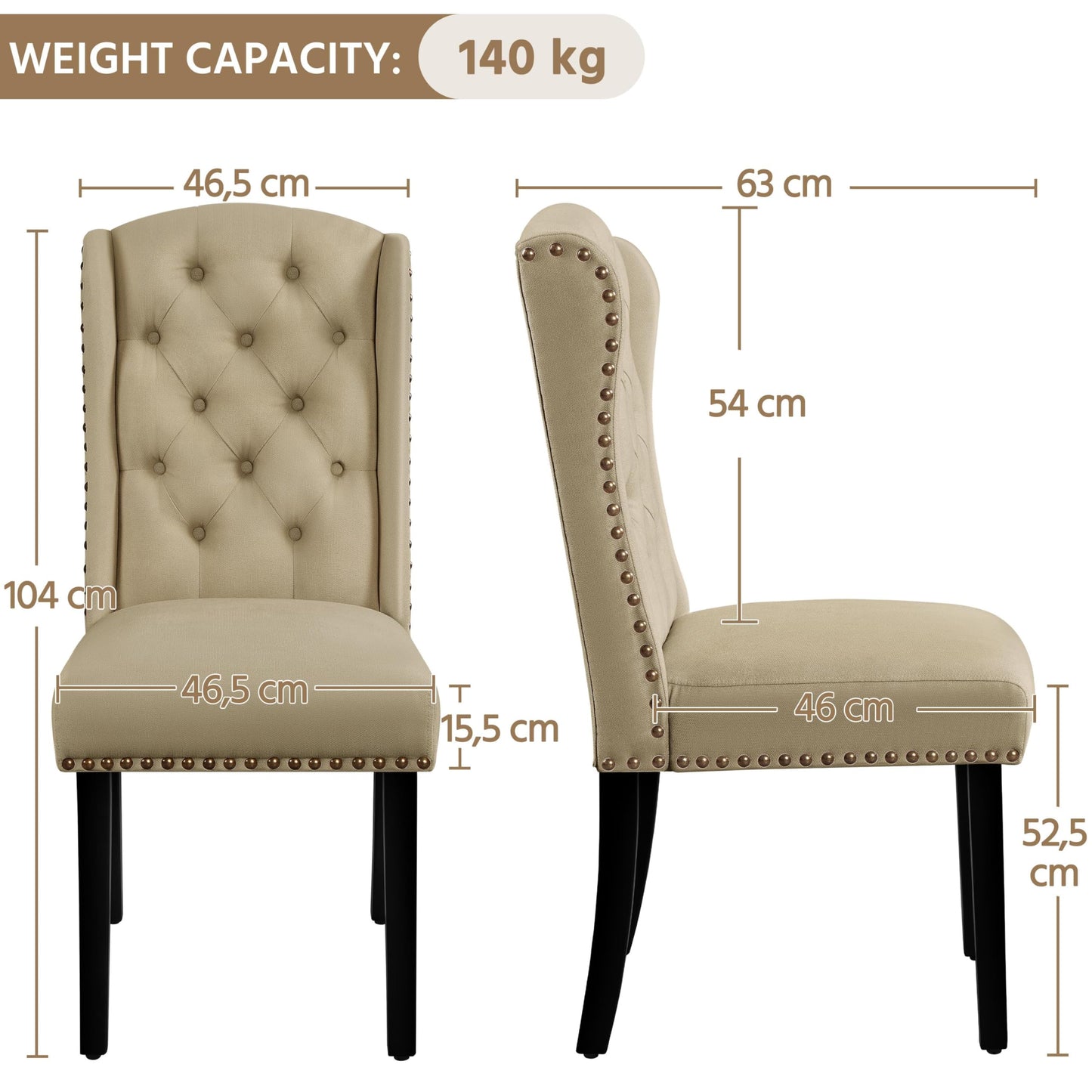Yaheetech Classic Dining Room Chairs Set of 2 with Wooden Legs, Khaki
