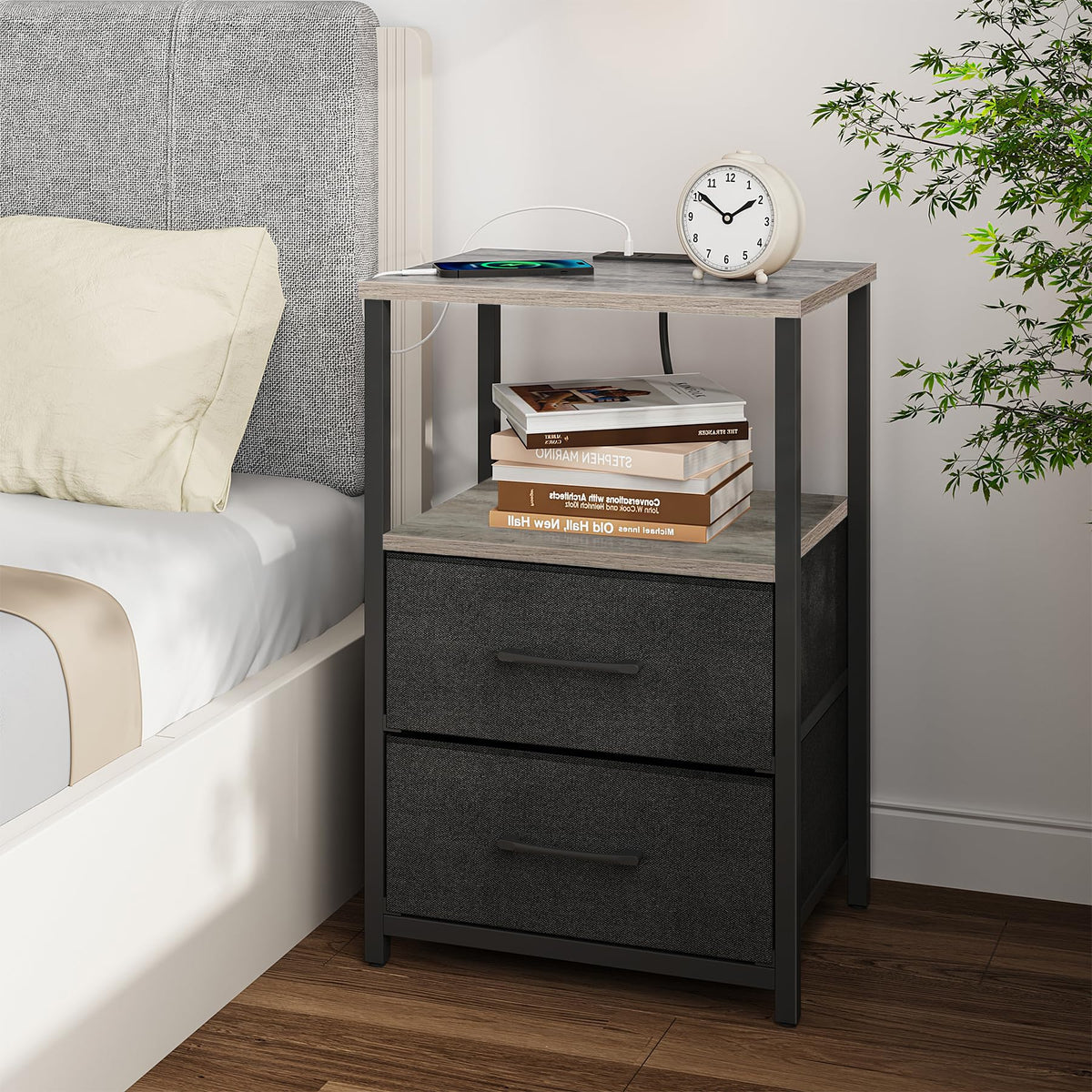 TUTOTAK Bedside Table with Charging Station, Side Table with 2 USB Ports and Outlets, Nightstand with Cloth Drawer, Set of 2, End Table
