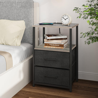 TUTOTAK Bedside Table with Charging Station, Side Table with 2 USB Ports and Outlets, Nightstand with Cloth Drawer, Set of 2, End Table