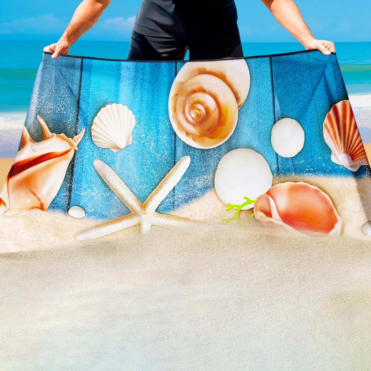 Violetpos Coastal Shell & Starfish Beach Towel, Extra Large 180x90 cm 250GSM Microfibre, Sand Free Quick Dry