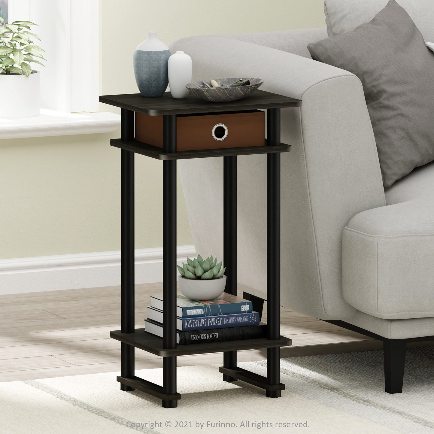Furinno TURN-N-TUBE Side Table, 3-Tier End Table with Storage Bin, Open Shelf Night Stand, Bedside Table, Toolless Assembly, for Living Room, Bedroom