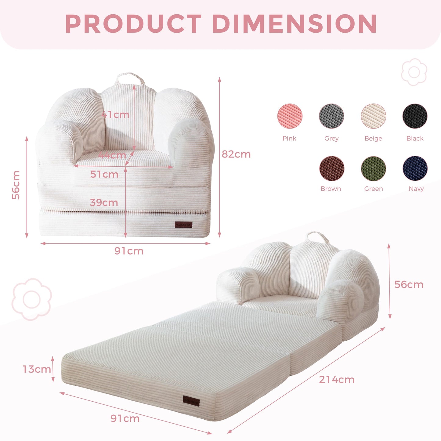 MAXYOYO Folding Sofa Bed with Backrest, Floral Shaped 2 in 1 Convertible Sofa to Comfy Faux Fur Bean Bag Chair for Adults