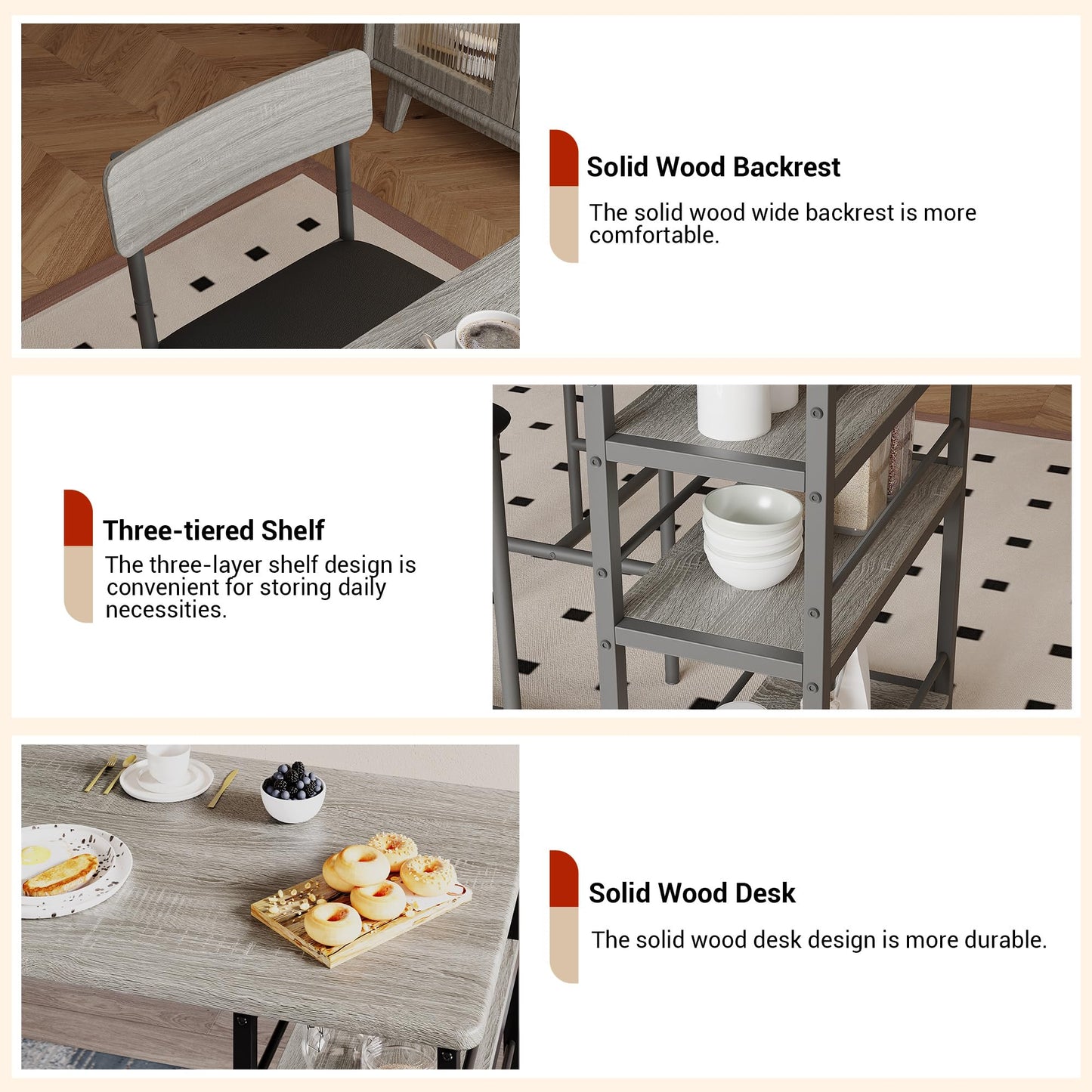 Techigher Bar Table Set, Dining Tables with 2 Upholstered Chairs, 3 Piece Counter Height Kitchen Table Set with 3-Tier Storage Shelves