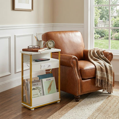 YEAKOO Narrow Side Table With Charging Station, 3 Tier End Table with 2 USB Ports & Power Outlets,Slim Sofa Side Table for Narrow and Small Spaces
