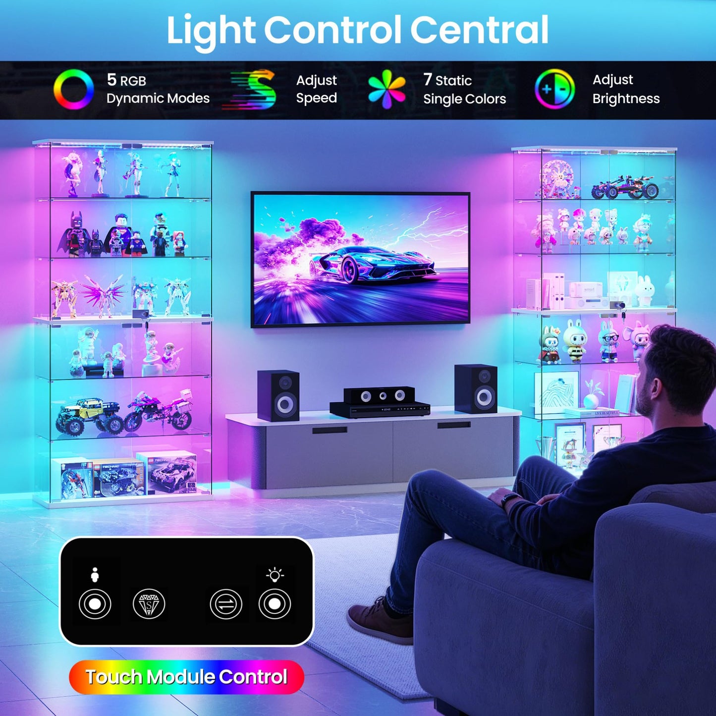 FREDEES Full Glass Display Cabinet with RGB Lights, 6-Tier, Black