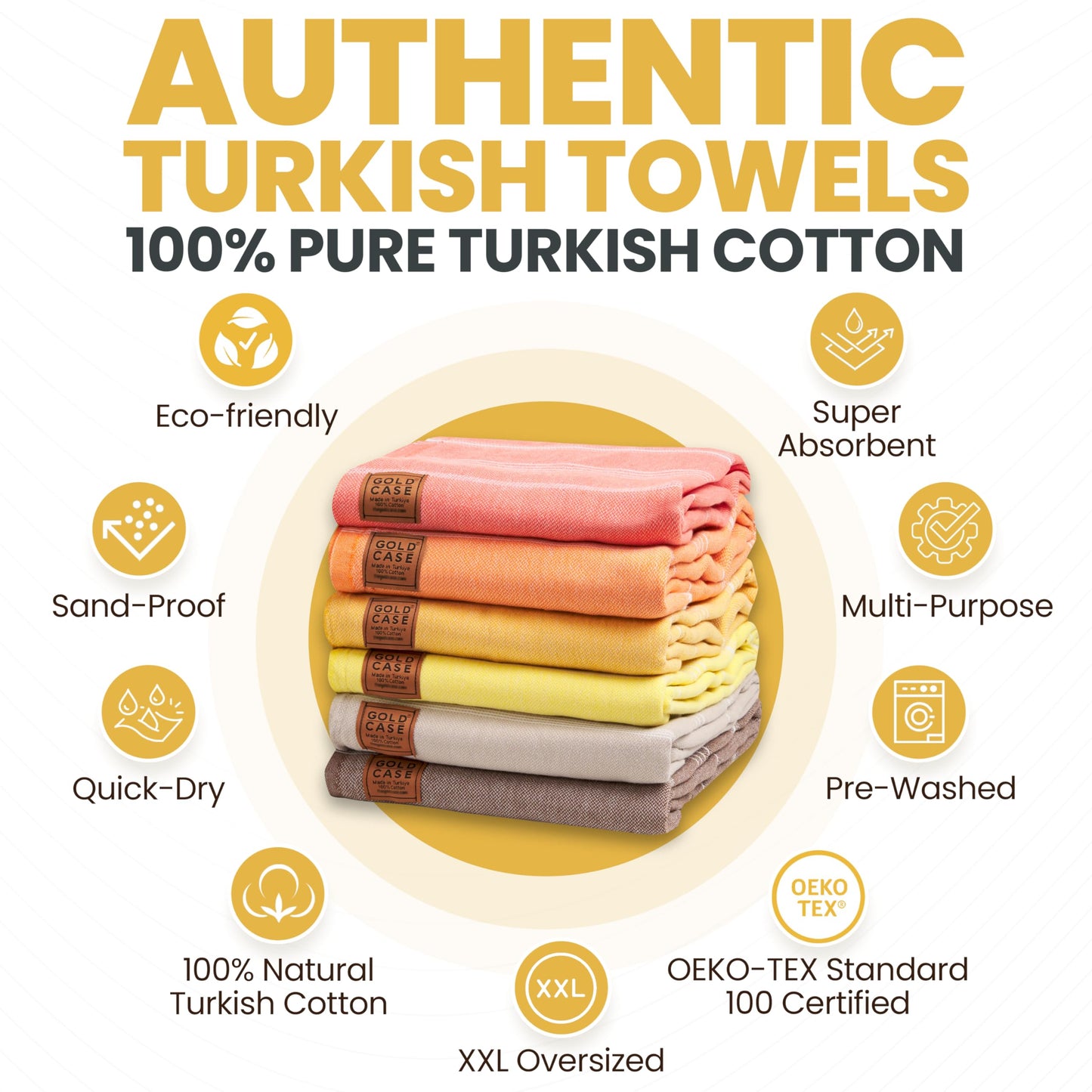 Gold CASE Turkish Beach Towel - Set of 6-100% Cotton - 70x38 inches XXL Oversized - PRE-Washed - Quick Dry Sand Free Turkish Towel