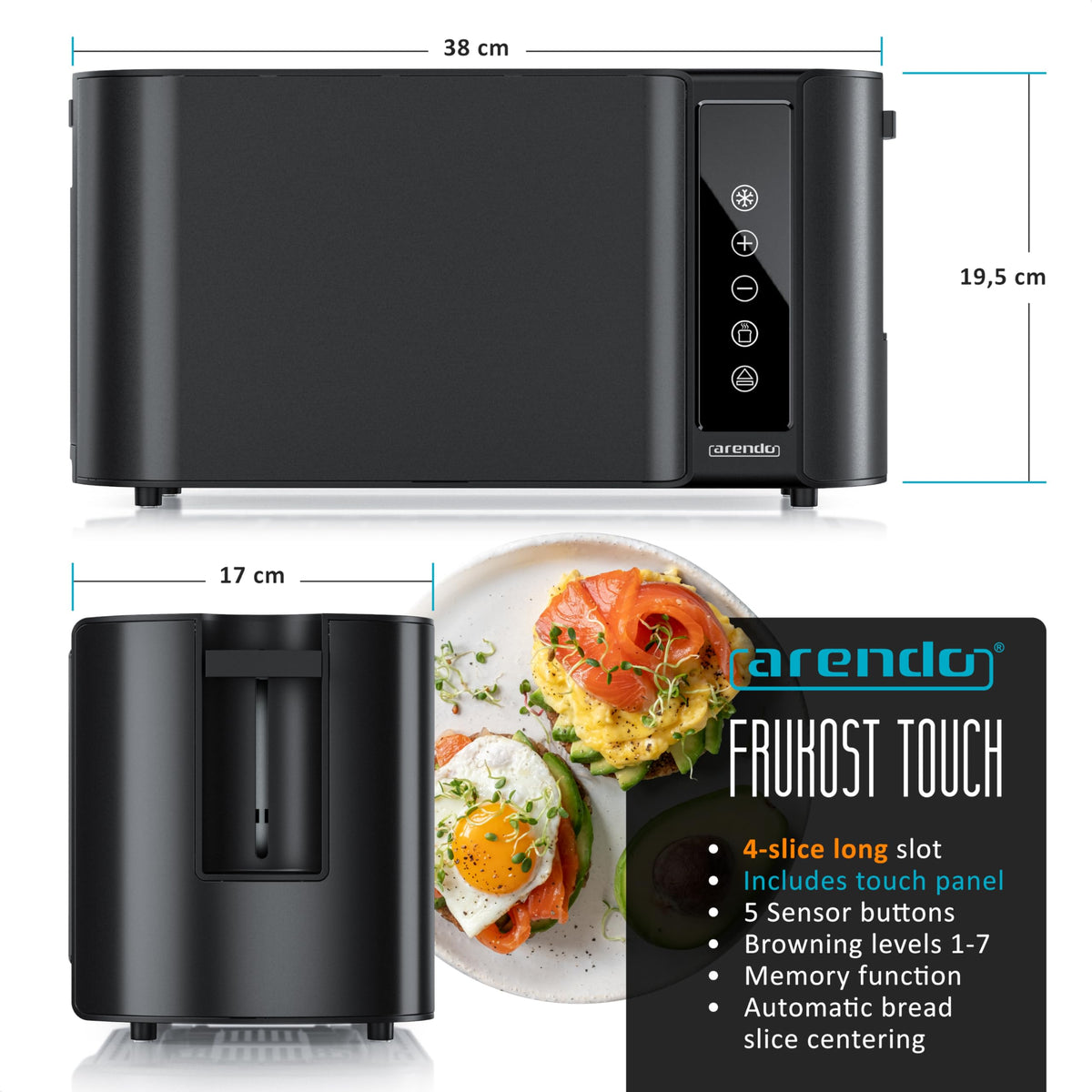 Arendo - 4 Slice Long Slot Toaster - Touch Panel - Remaining Time Display - Double Wall Housing  with Warming Rack  7 Browning Settings  Auto Bread