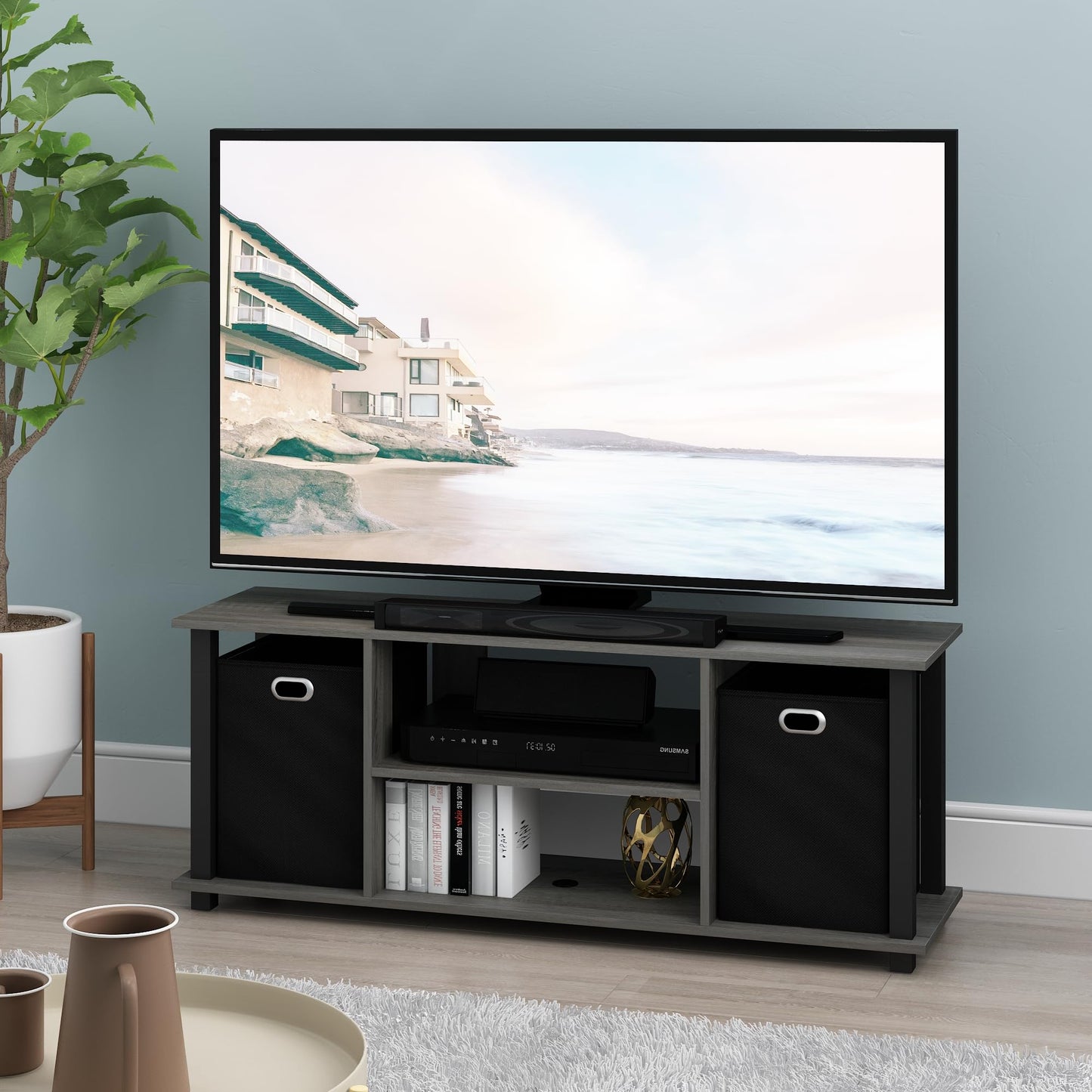 Furinno TV Entertainment Center, Wood, French Oak Grey/Black/Black, one size