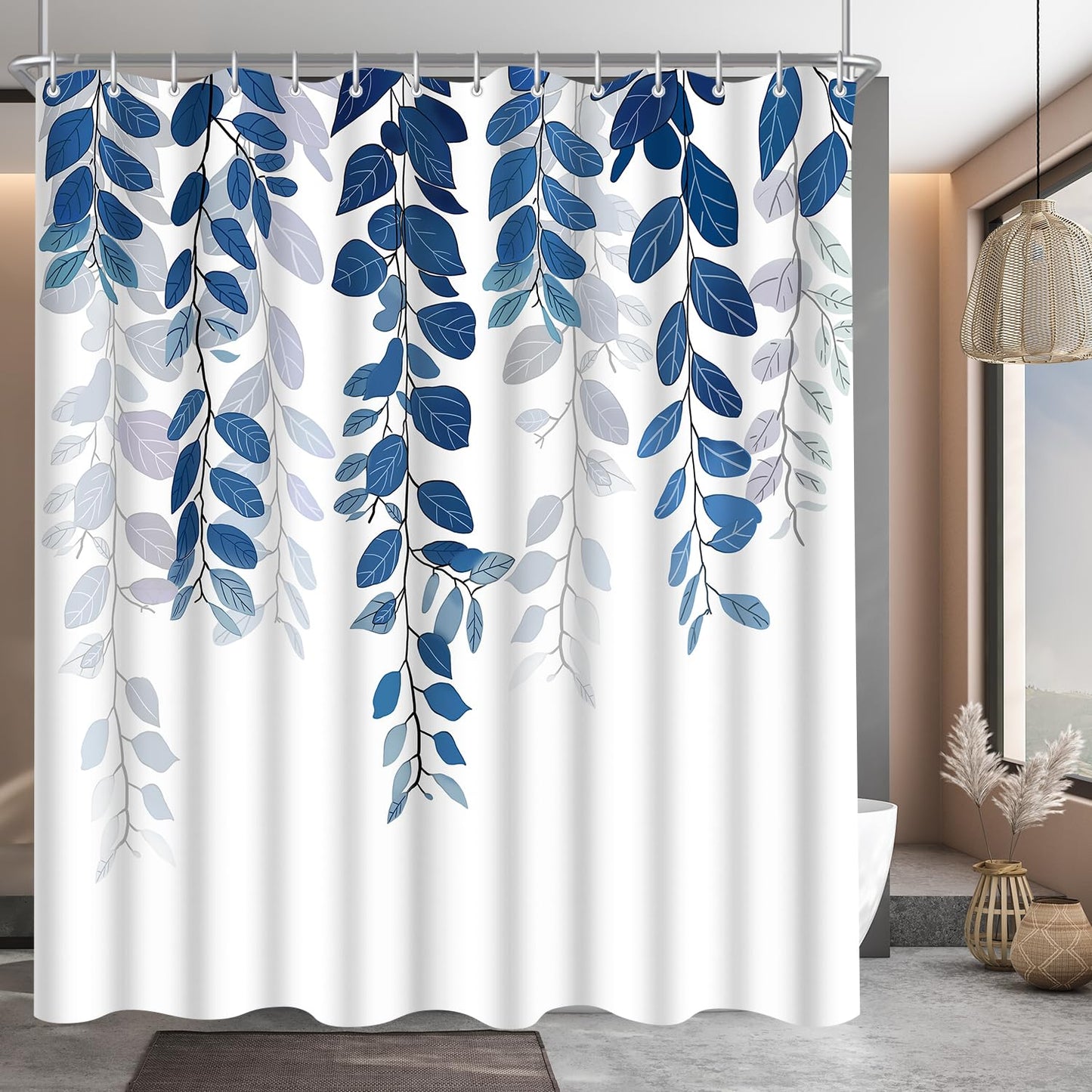 Lerores Shower Curtain, 160 x 160 cm, Blue Leaf, Weighted Hem, Anti-Mould Textile, Water-Repellent