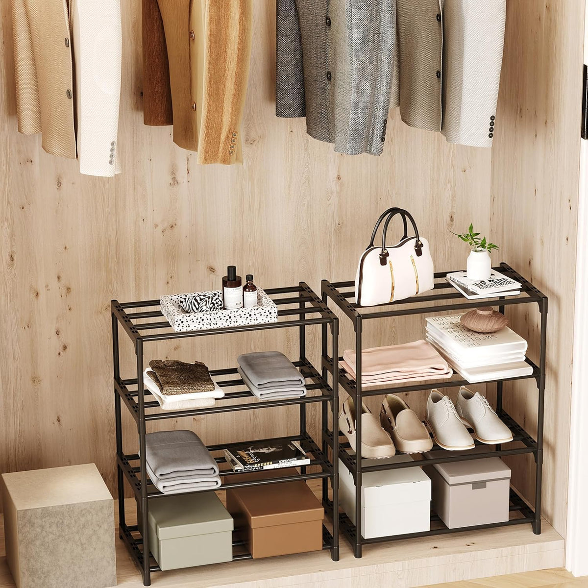 Flosvotals 3 Tier Shoe Rack,Space Saving Shoe Storage Organiser,Metal Storage Rack, Easy Assembly & Strong Design, Stackable Shoe Shelf, for Hallway
