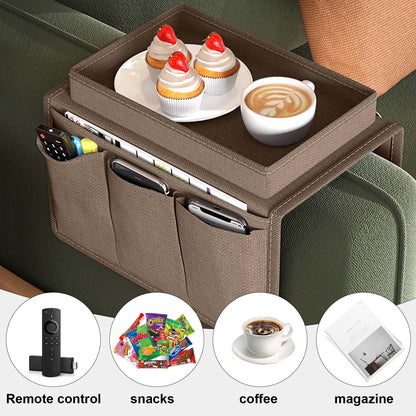 Sofa Armrest Organizer, Couch Caddy Arm Hanging Storage Bag With Cup Holder Tray, Anti-slip Armchairs Bedside Caddy Pouch Sofa Tidy Table for TV