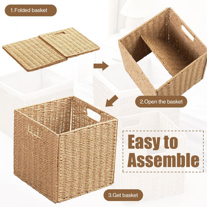 Wicker Storage Basket, 25×25×25cm Faux Wicker Storage Box Foldable Large Wickers Basket Cube Storages Box With Insertion Handle for Gifts Toy