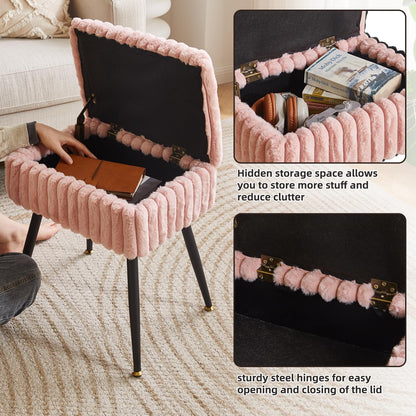 Aibiju Rectangle Dressing Table Stool with Storage Footstool Velvet Ottoman Makeup Chair with 4 Metal Legs for Home Living Room Bedroom Pink YD-MS151P