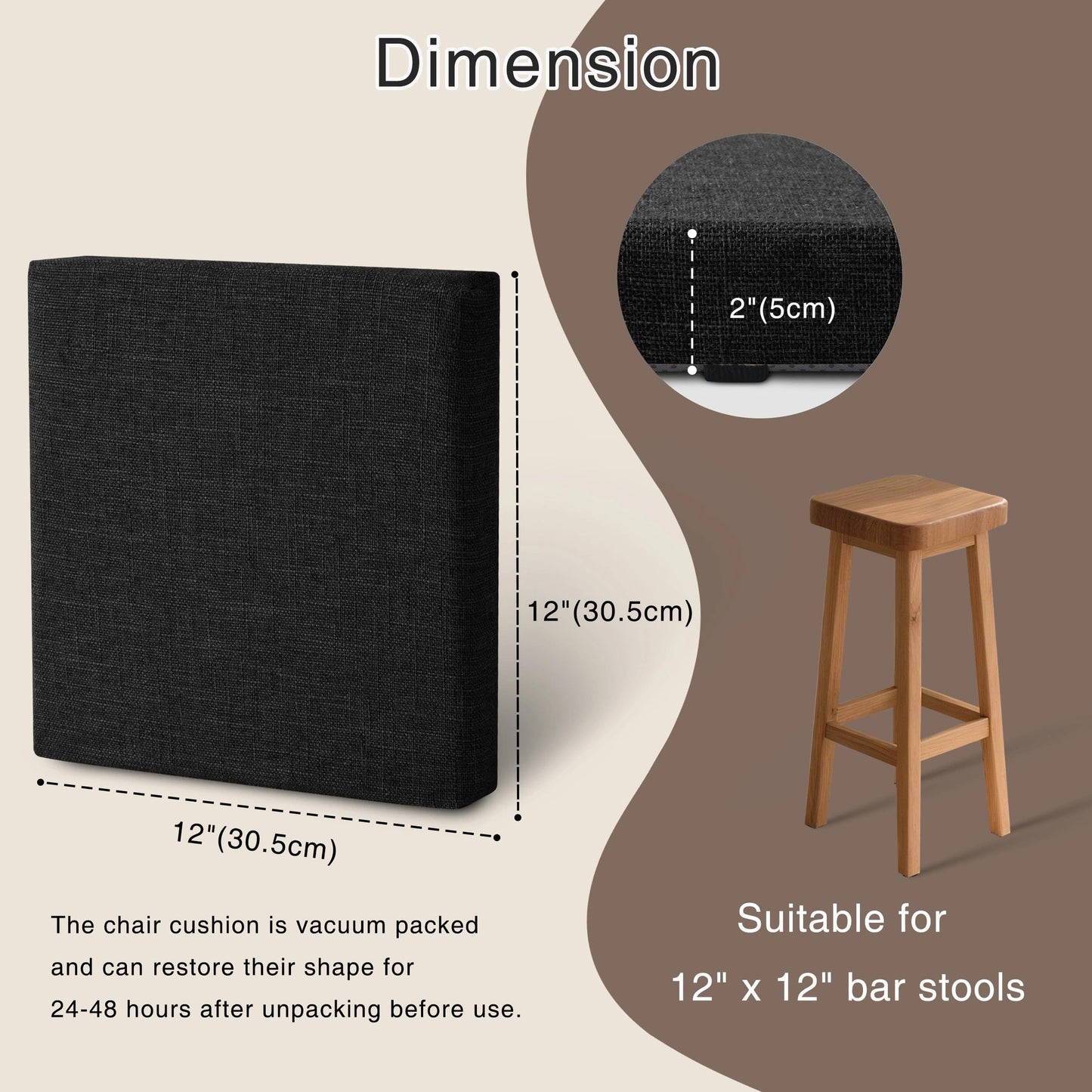 OVOV Bar Stool Cushions Square Set of 6 Non-Slip Bottom 12x12 Black