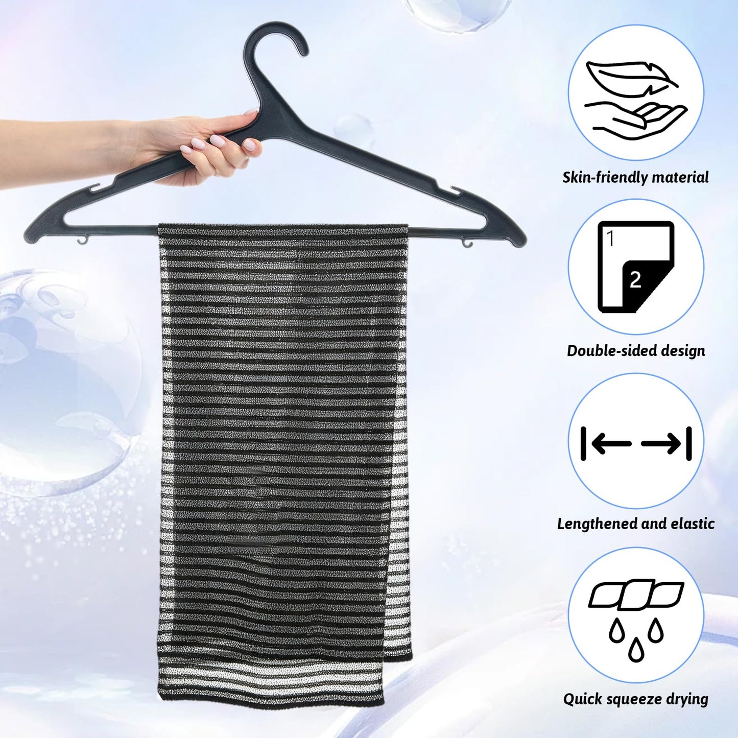 Japanese Exfoliating Shower Towel 4-Pack - Strong Exfoliation Back Scrubber for Dead Skin, Antibacterial Nylon Mesh Washcloth