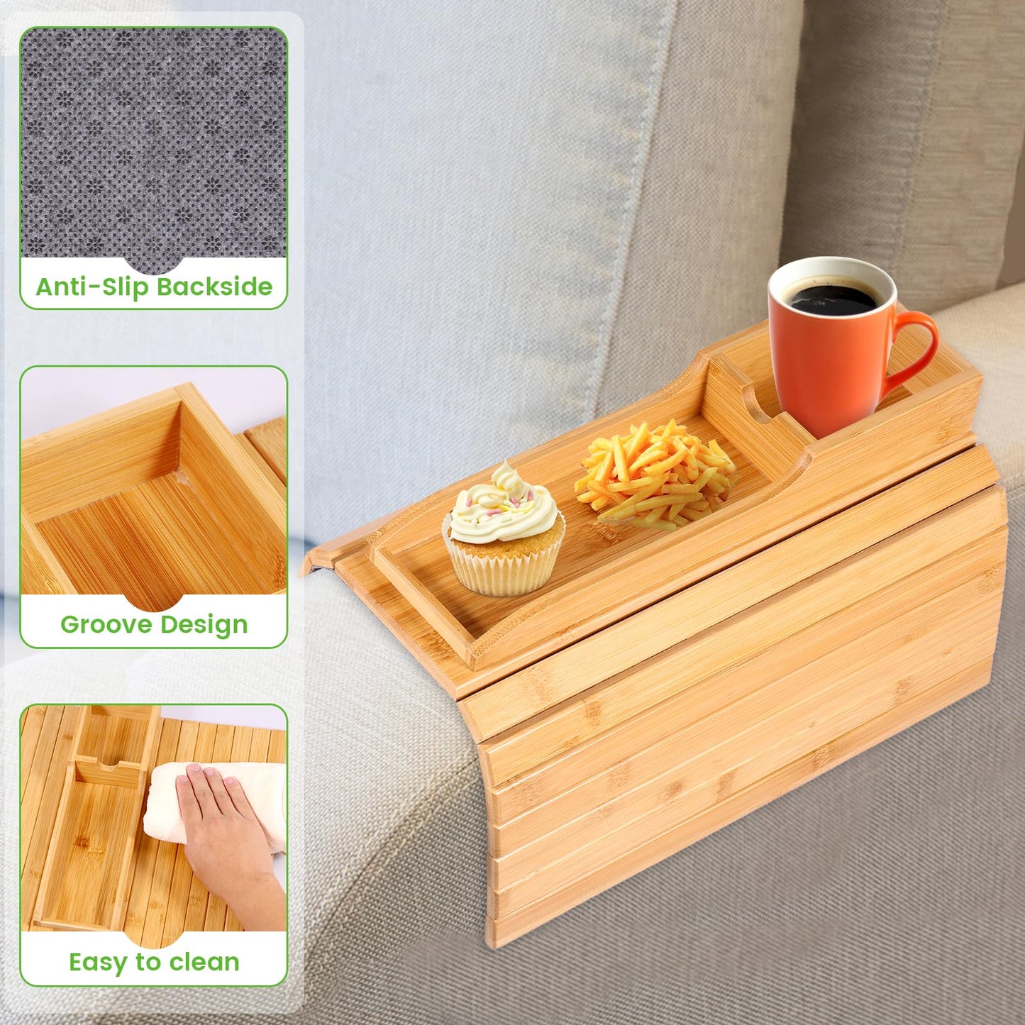 Foldable Sofa Arm Tray Table - Natural Pine Wood Side Table, Armrest Clip Tray, Waterproof Couch Organizer, Drink Snack Remote Control Holder (D)