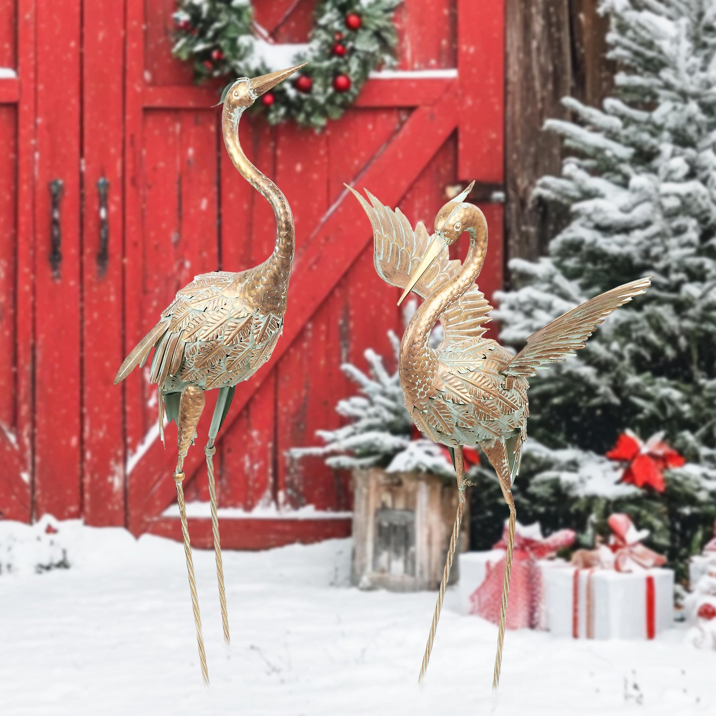 TERESA'S COLLECTIONS Large Garden Ornaments Outdoor, Gifts for Women, 2pcs Lifelike Metal Heron Garden Statues, Standing Heron Deterrant for Ponds,