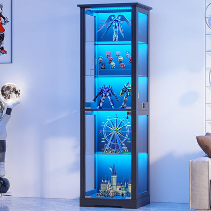 Gurexl 180cm Glass Display Cabinets with Lockable for Collectibles,Black