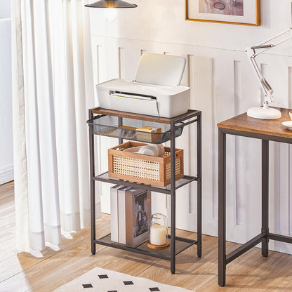 HOOBRO Tall Side Table, 3-Tier Industrial Telephone End Table with Storage Shelves and Basket, Small Laptop Table for Living Room, Bedroom, Office
