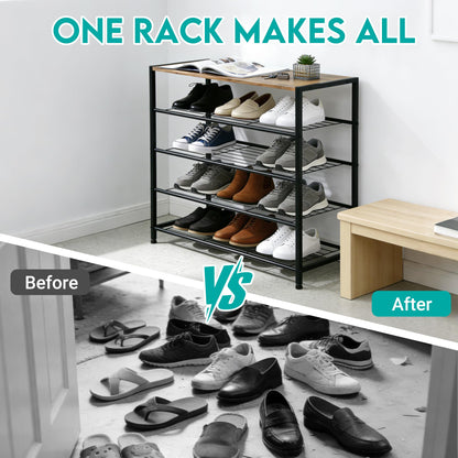 ZOESTORAGE Shoe Rack,5 Tier Shoe Racks for 16 Pairs,Metal Shoe Rack With Wooden Seat for Hallway, Entryway, Living Room,60 x 30 x 85cm,Rustic Brown