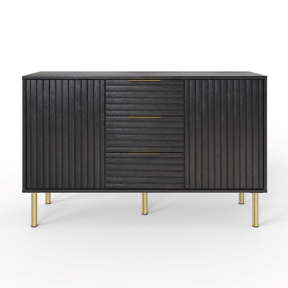 GFW Nervata Sideboard, Black Storage Cabinet with 3 Drawers and 2 Doors, Art Deco Style Sideboard with Gold Accents and Wood Grain Texture for Living